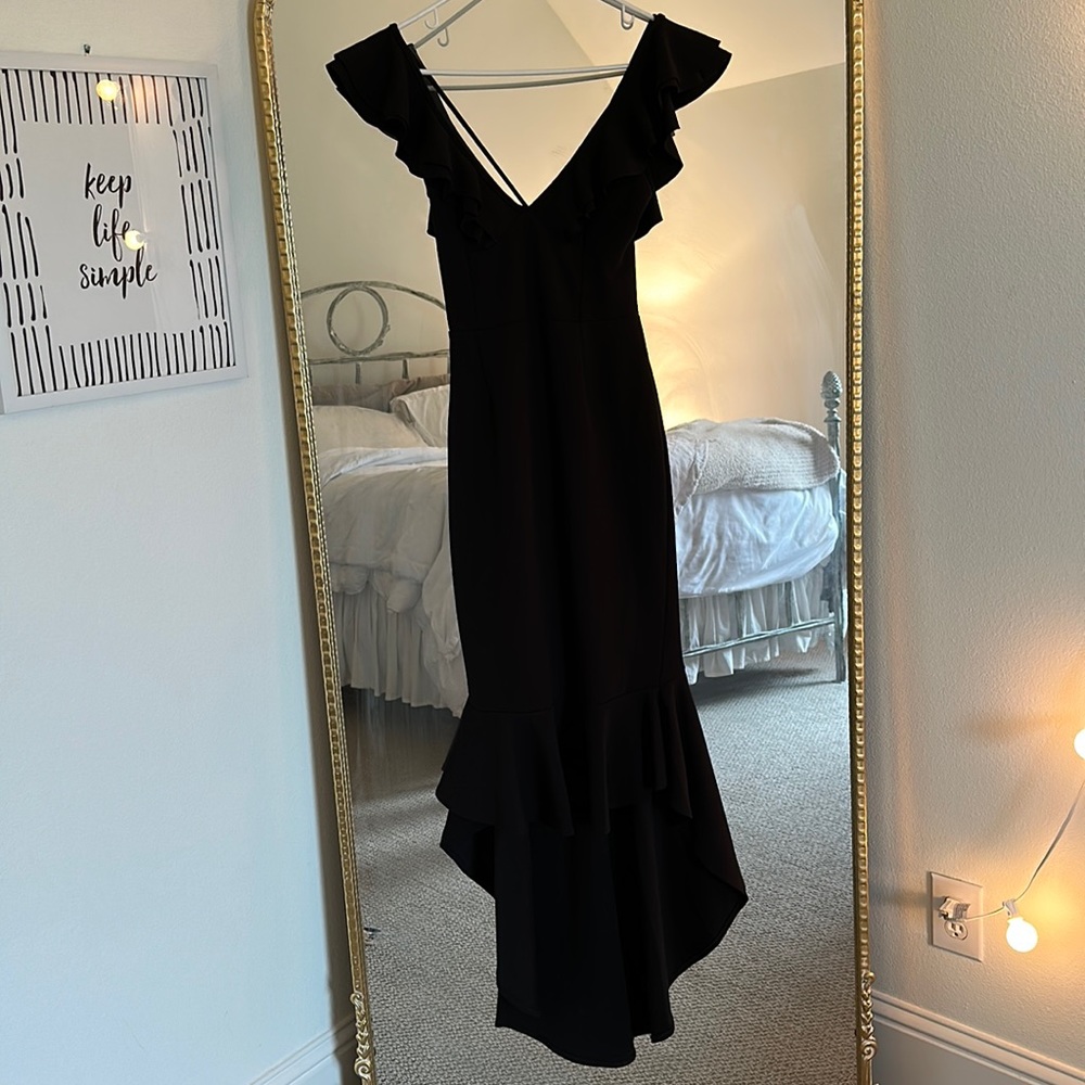 High low, black dress with v cut front and open back, worn once